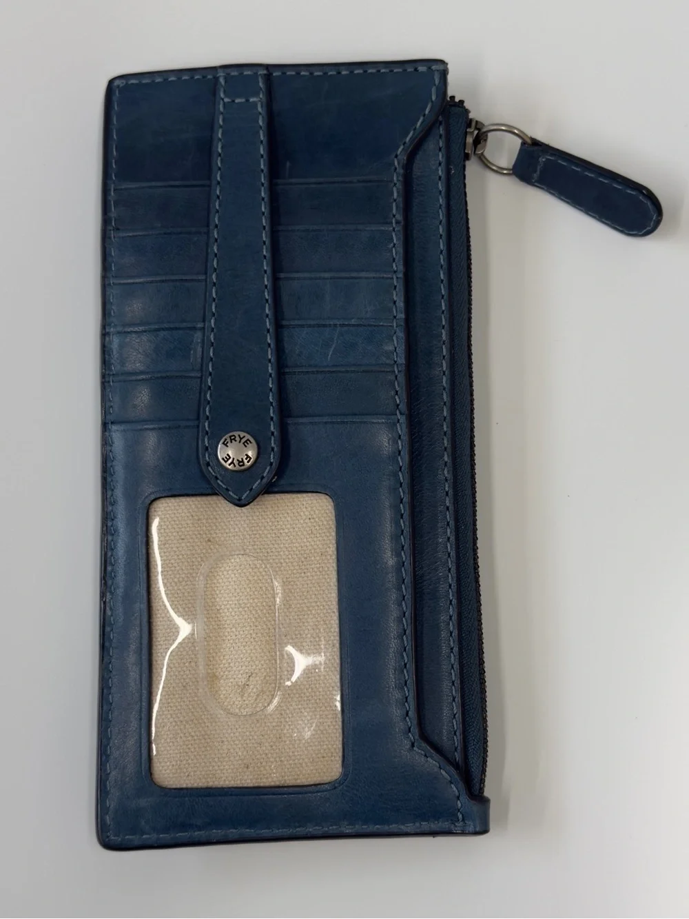 Frye Deep Blue Leather Zip Card Holder with Key Ring
